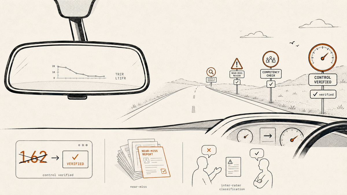 The Leading-Indicator Problem — editorial illustration contrasting a rearview-mirror view of lagging safety metrics (TRIR, LTIFR) with a forward windshield view of leading indicators such as control verification and near-miss quality.