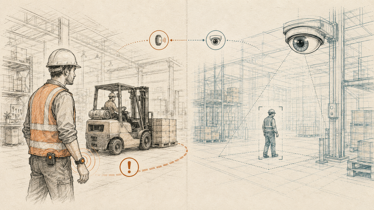 AI safety monitoring on the factory floor — a split view contrasting protective use (computer vision flagging a hazard, a wearable easing a lift) with the surveillance failure mode (a worker watched by an ever-present camera). Editorial illustration.
