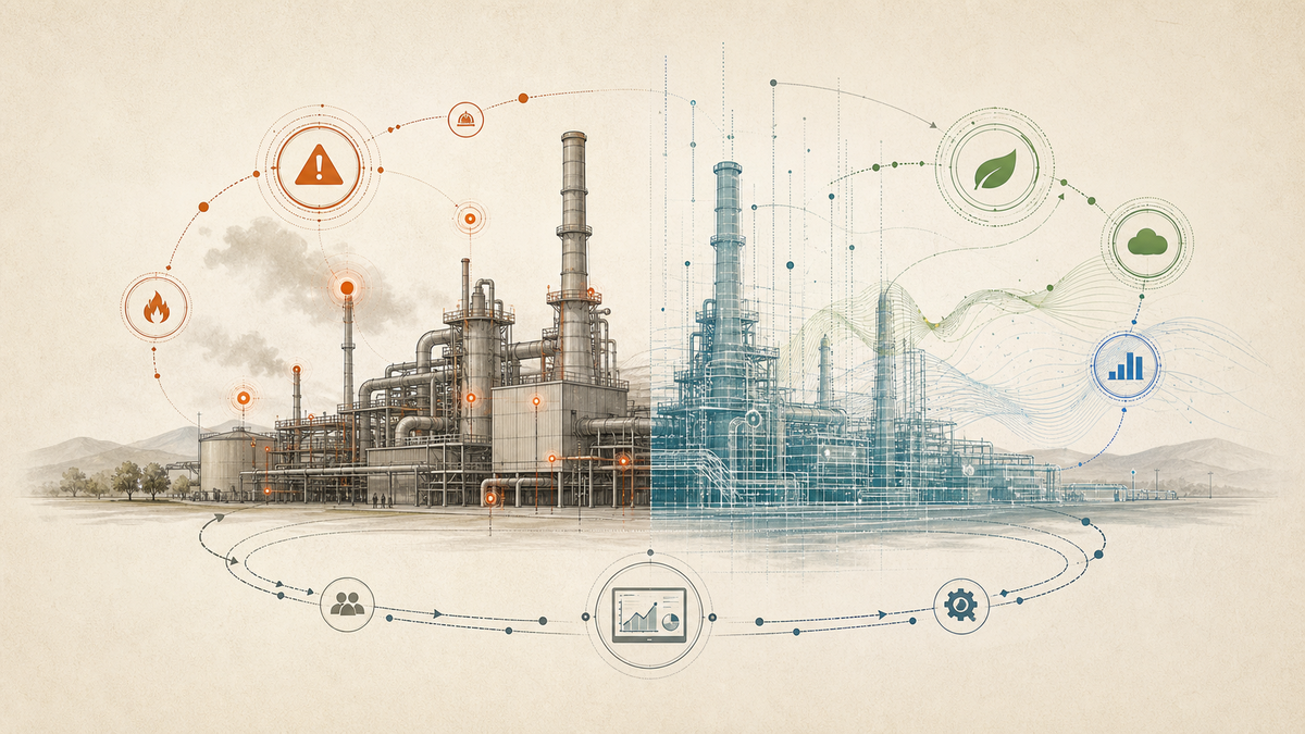 Editorial illustration of an organisational digital twin connecting facility data, safety risk signals, energy flows, and sustainability feedback loops.