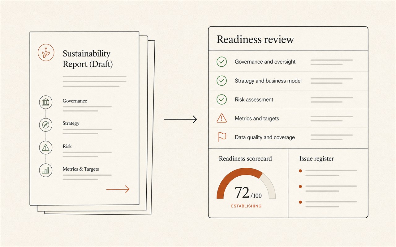 A draft sustainability report flows into a readiness review: a checklist of required disclosures with completeness checks and amber gaps, a readiness scorecard, and an issue register.